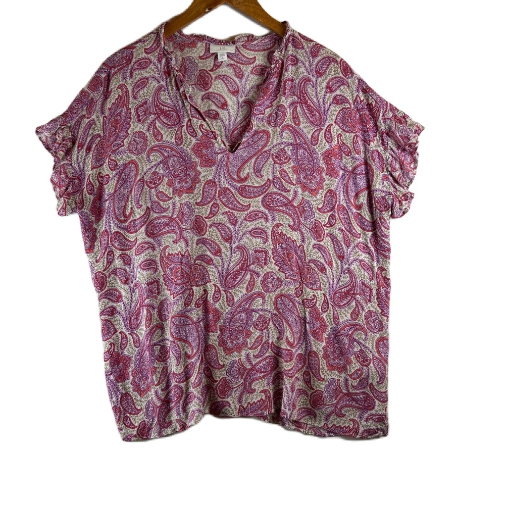 J Jill Womens Large Tall Pink Purple Paisley Rayon Split Neck Flutter Sleeve Top